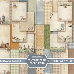 Vintage Farm Digital Paper Pack 8.5x11, Farmhouse Printable Scrapbooking Paper, Farm Life Junk Journal, Farm Ephemera, Digital Download