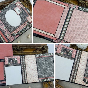 Op de afbeelding: Een scrapbook met zwart en roze patroonpapier, met verschillende decoratieve elementen, waaronder bloemen, linten en kant. Het scrapbook heeft verschillende pagina's met verschillende lay-outs, waaronder een pagina met een grote ovale opening voor een foto.