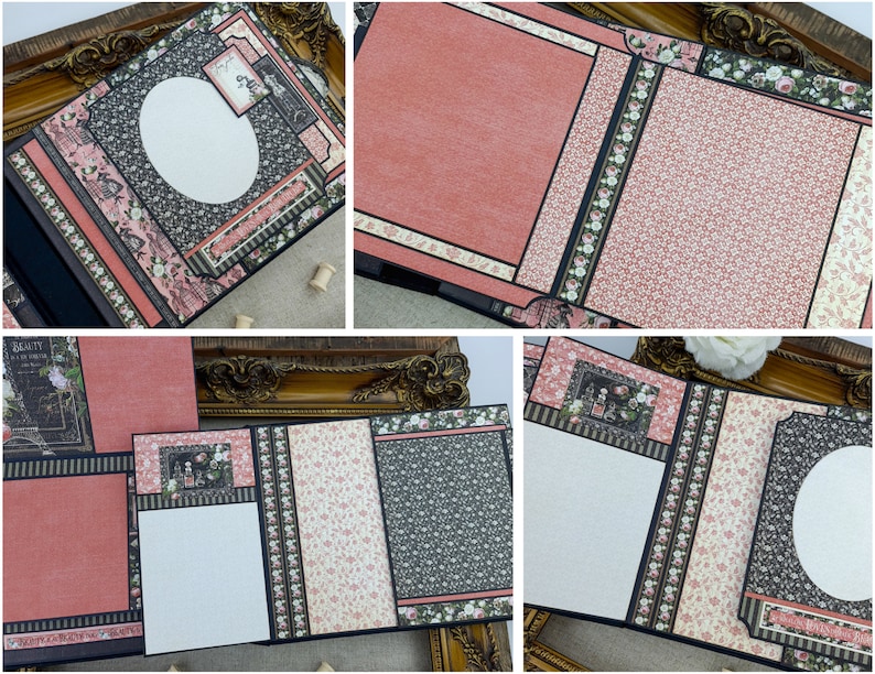 Op de afbeelding: Een scrapbook met zwart en roze patroonpapier, met verschillende decoratieve elementen, waaronder bloemen, linten en kant. Het scrapbook heeft verschillende pagina's met verschillende lay-outs, waaronder een pagina met een grote ovale opening voor een foto.