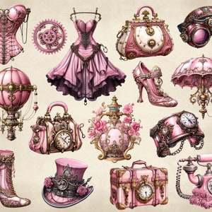 May include: A collection of pink and gold steampunk-inspired accessories, including a corset, dress, hat, purse, goggles, airship, and a telephone. The items are decorated with intricate details and gears.