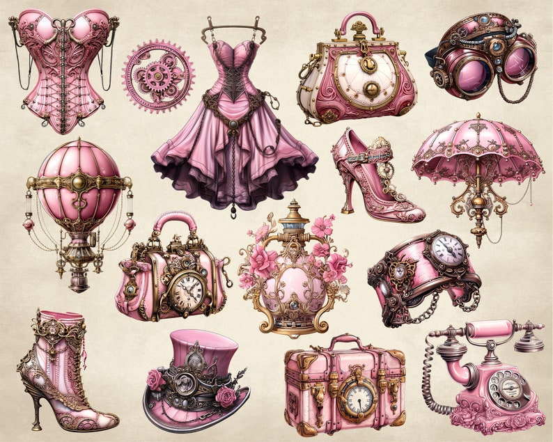 May include: A collection of pink and gold steampunk-inspired accessories, including a corset, dress, hat, purse, goggles, airship, and a telephone. The items are decorated with intricate details and gears.