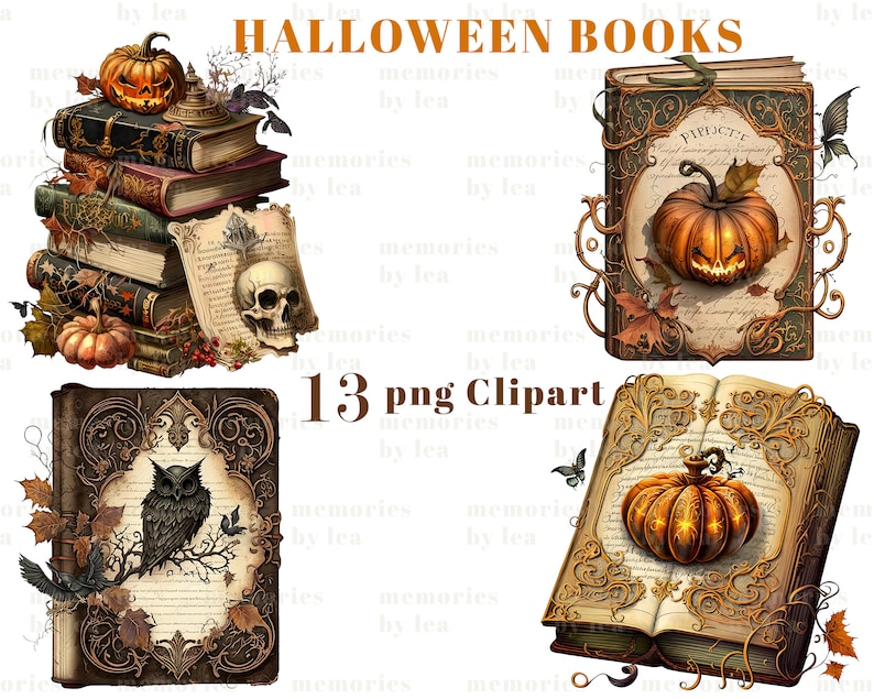 Halloween Bücher Aquarell Clipart, Kürbis Zauberbücher, PNG Clip Art Set, Halloween Grafiken, Papierhandwerk, Junk Journal, kommerzielle Nutzung Bild 6