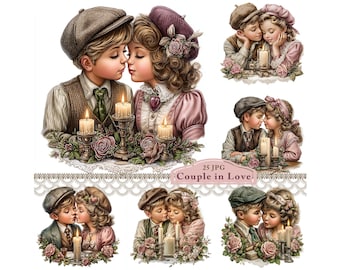 Digital Valentine's Day Couple In Love Clipart, Love JPG Illustrations for Junk Journaling, Scrapbooking,