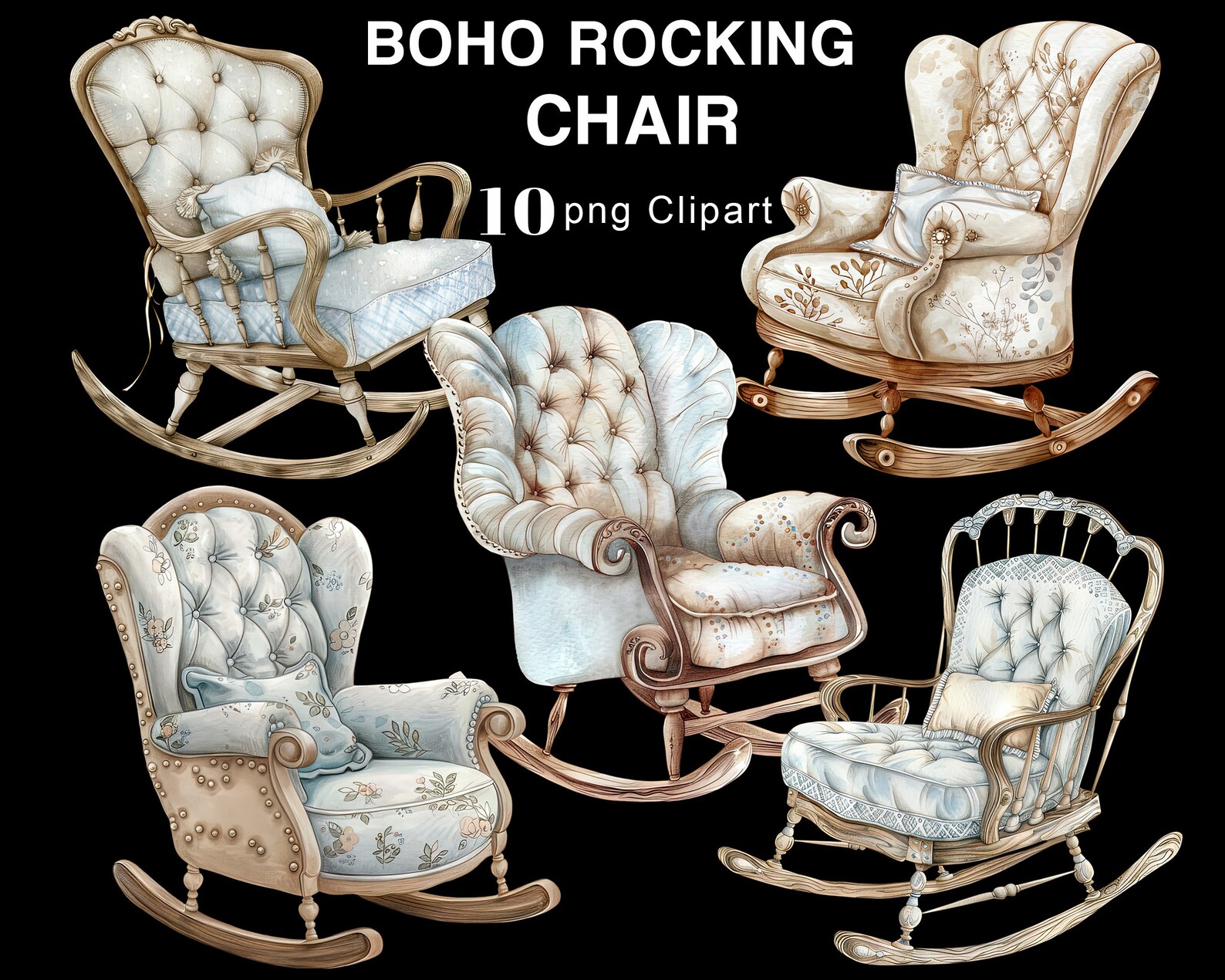 Rocking R Graphic Boho Rocking Chair Clipart, Vintage Rocking Chair PNG Clipart, Blue ...