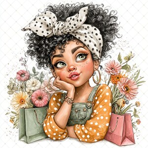 May include: Illustration of a young woman with curly black hair, wearing a yellow polka dot top and green overalls. She has a white polka dot headscarf and gold hoop earrings. Pink and green shopping bags and flowers surround her.
