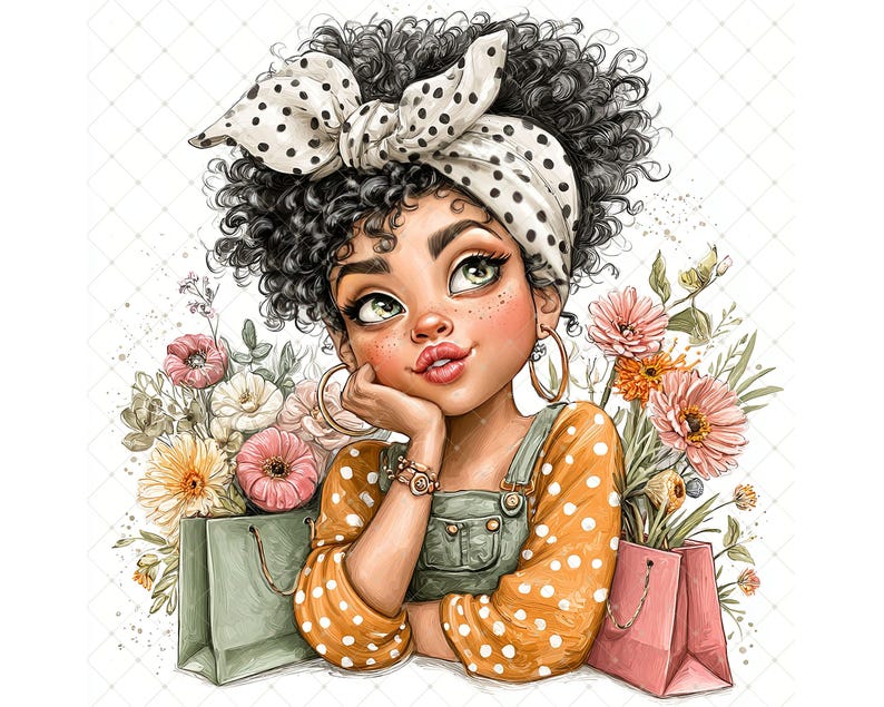 May include: Illustration of a young woman with curly black hair, wearing a yellow polka dot top and green overalls. She has a white polka dot headscarf and gold hoop earrings. Pink and green shopping bags and flowers surround her.