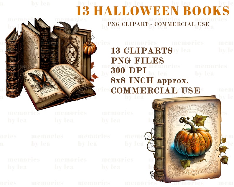 Halloween Bücher Aquarell Clipart, Kürbis Zauberbücher, PNG Clip Art Set, Halloween Grafiken, Papierhandwerk, Junk Journal, kommerzielle Nutzung Bild 8