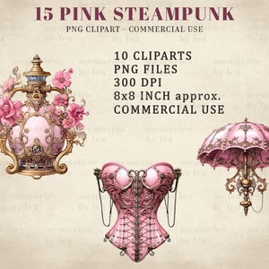 May include: A set of 10 pink steampunk digital clipart images. The images include a pink and gold perfume bottle, a pink and gold corset, and a pink and gold umbrella. The images are 300 DPI and approximately 8x8 inches.