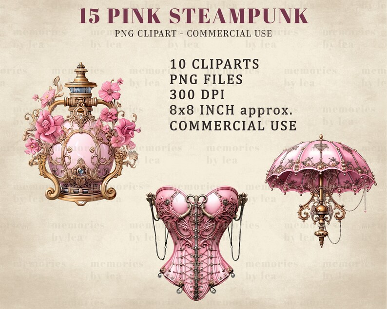 May include: A set of 10 pink steampunk digital clipart images. The images include a pink and gold perfume bottle, a pink and gold corset, and a pink and gold umbrella. The images are 300 DPI and approximately 8x8 inches.