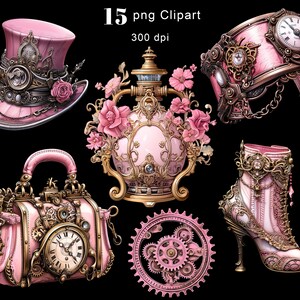 May include: A set of 15 pink and gold steampunk-inspired digital clipart images. The set includes a top hat, a perfume bottle, a handbag, a boot, and a gear.