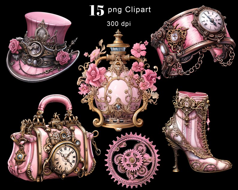 May include: A set of 15 pink and gold steampunk-inspired digital clipart images. The set includes a top hat, a perfume bottle, a handbag, a boot, and a gear.