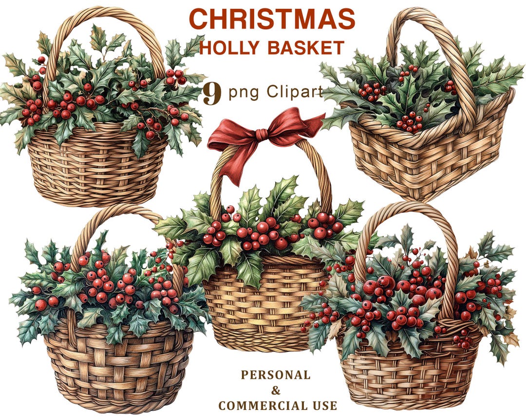 Christmas Holly Basket Clipart, Vintage Holly With Berries PNG Clipart ...