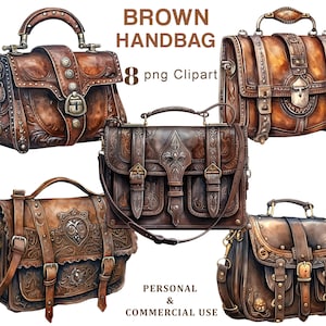 Clipart de sac à main marron, clipart PNG porte-documents vintage, sac à main, cartable, graphiques pour le journal indésirable, scrapbooking, éphémères, téléchargement numérique