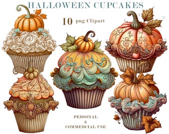 Imágenes prediseñadas de cupcakes de Halloween en acuarela, conjunto de PNG de postres (descarga digital)