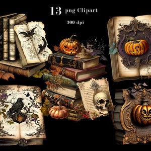 K&ouml;nnte beinhalten: Dreizehn digitale Cliparts im Vintage-Stil zum Thema Halloween mit B&uuml;chern, K&uuml;rbissen, Raben, Sch&auml;deln und anderen gruseligen Elementen. Die Bilder sind in einem dunklen, gotischen Stil mit aufwendigen Details gehalten.