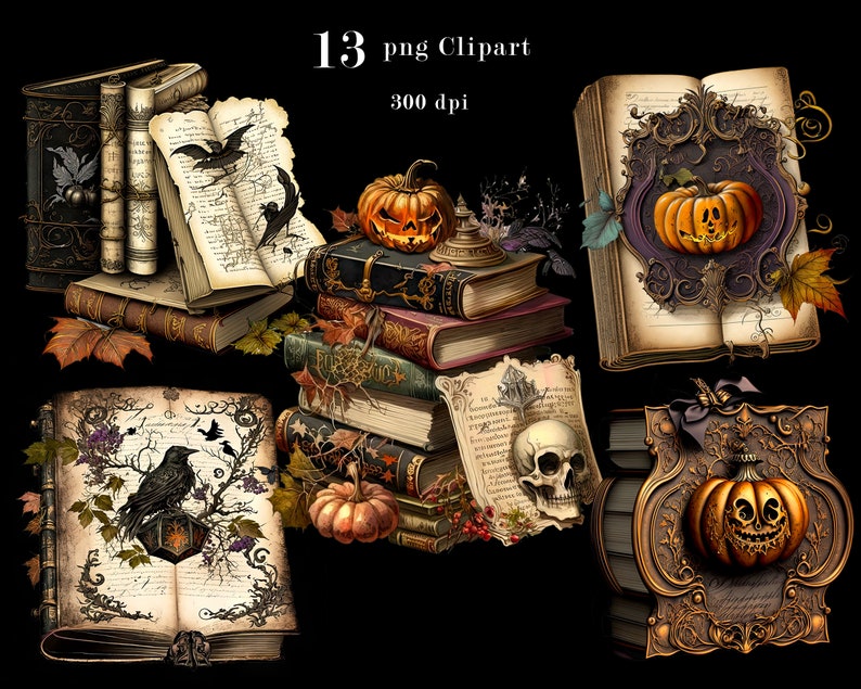 K&ouml;nnte beinhalten: Dreizehn digitale Cliparts im Vintage-Stil zum Thema Halloween mit B&uuml;chern, K&uuml;rbissen, Raben, Sch&auml;deln und anderen gruseligen Elementen. Die Bilder sind in einem dunklen, gotischen Stil mit aufwendigen Details gehalten.