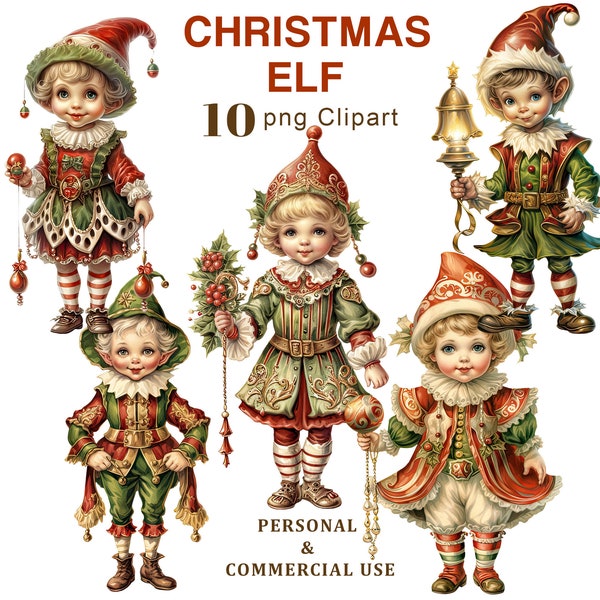 Vintage Christmas Elf Clipart, Elf PNG Clip Art, Winter Elves Graphics for Scrapbooking, Junk Journal, Ephemera, Sublimation, Commercial use