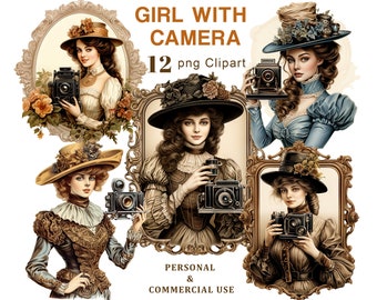 Vintage Girl With Camera Clipart, Woman Photographer PNG Clipart, Vintage Camera Graphics, Scrapbooking, Junk Journal, Ephemera, Sublimation