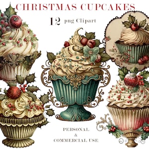 Cupcakes navideños, clipart PNG, postre navideño, descarga digital, manualidades de papel, scrapbooking, revista basura, sublimación, uso comercial