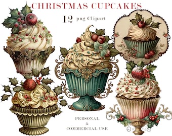 Cupcakes de Noël, Clipart PNG, Dessert de Noël, Téléchargement numérique, Artisanat en papier, Scrapbooking, Junk Journal, Sublimation, Utilisation commerciale