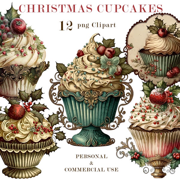 Christmas Cupcakes, PNG Clipart, Christmas Dessert, Digital Download, Paper Crafts, Scrapbooking, Junk Journal, Sublimation, Commercial use