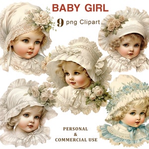 Clipart vintage di bambina, clipart PNG per baby shower, cameretta dei bambini, illustrazione di neonato, scrapbooking a sublimazione, diario di scarto, download digitale