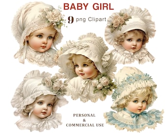 Vintage Baby Girl Clipart, Baby Shower PNG Clipart, Nursery, Newborn Illustration, Sublimation Scrapbooking, Junk Journal, Digital Download