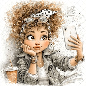 May include: A watercolour illustration of a person with curly brown hair taking a selfie with a smartphone. The person is wearing a jacket, a polka-dot headband, and glasses. A cup of coffee is visible.