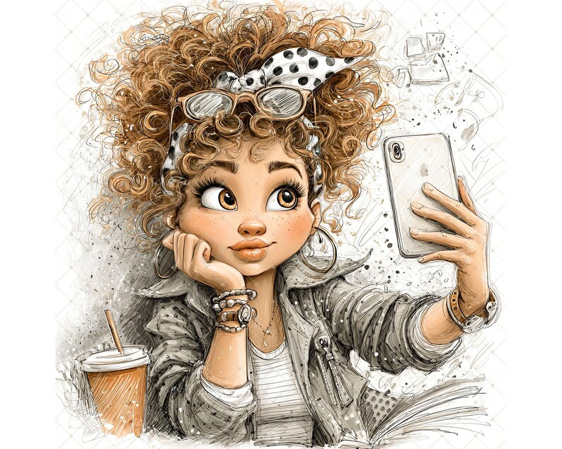 May include: A watercolour illustration of a person with curly brown hair taking a selfie with a smartphone. The person is wearing a jacket, a polka-dot headband, and glasses. A cup of coffee is visible.