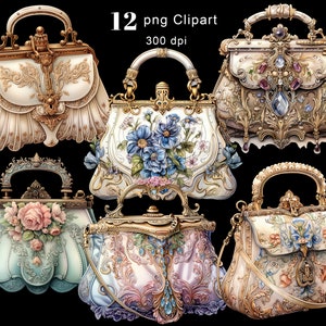 Puede incluir: Doce bolsos de estilo vintage con detalles ornamentados y motivos florales. Los bolsos son de varios colores, incluyendo blanco, azul, rosa y dorado. Cada bolso tiene un dise&ntilde;o &uacute;nico y presenta detalles intrincados, como bordados florales, acentos de joyas y trabajos de metal delicados.