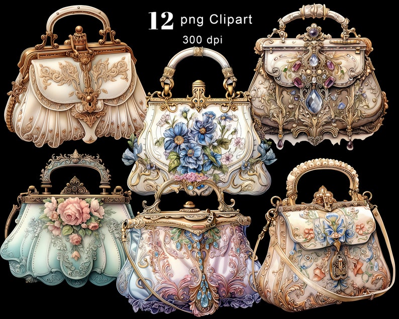 Puede incluir: Doce bolsos de estilo vintage con detalles ornamentados y motivos florales. Los bolsos son de varios colores, incluyendo blanco, azul, rosa y dorado. Cada bolso tiene un dise&ntilde;o &uacute;nico y presenta detalles intrincados, como bordados florales, acentos de joyas y trabajos de metal delicados.
