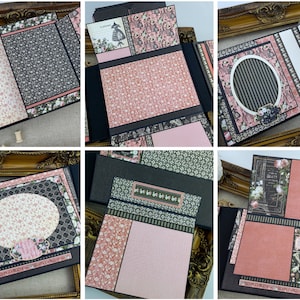 Op de afbeelding: Een zwart en roze scrapbook met een bloemenpatroon. Het scrapbook is open om verschillende pagina's met verschillende ontwerpen te laten zien, waaronder een cirkelvormig frame, een gestreept patroon en een bloemenontwerp. Het scrapbook is versierd met verschillende versieringen, zoals linten, bloemen en papier.