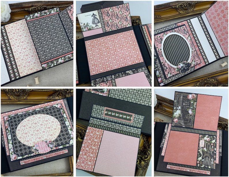 Op de afbeelding: Een zwart en roze scrapbook met een bloemenpatroon. Het scrapbook is open om verschillende pagina's met verschillende ontwerpen te laten zien, waaronder een cirkelvormig frame, een gestreept patroon en een bloemenontwerp. Het scrapbook is versierd met verschillende versieringen, zoals linten, bloemen en papier.