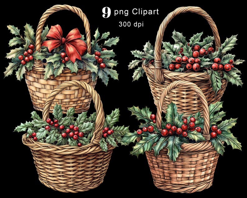 Christmas Holly Basket Clipart, Vintage Holly With Berries PNG Clipart ...