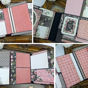 Op de afbeelding: Een zwart scrapbook met roze en zwart gepatroneerd papier, bloemenontwerpen en de tekst "Your Greatest Story Begins Here".