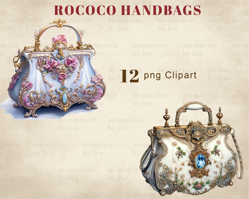 Puede incluir: Dos bolsos de estilo vintage adornados con intrincados detalles dorados y motivos florales. Los bolsos son blancos con acentos azules y rosas. El texto "ROCOCO HANDBAGS 12 png Clipart" es visible en el fondo.