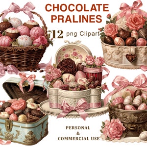 Peut inclure: Un ensemble de 12 images clipart numériques représentant des pralines au chocolat dans différentes boîtes et paniers décoratifs. Les boîtes et les paniers sont ornés de rubans roses et de roses. Le texte "CHOCOLATE PRALINES 12 png Clipart PERSONAL & COMMERCIAL USE" est visible en bas de l'image.