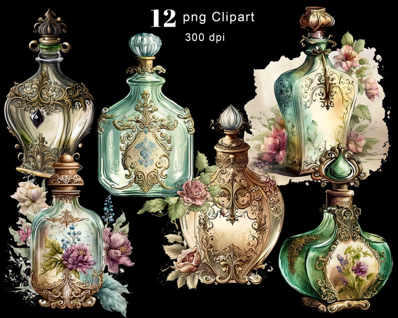 Akvarell parfymflaskor Clipart, Shabby Chic PNG (digital nedladdning) bild 4