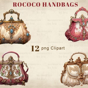 Puede incluir: Cuatro bolsos de estilo vintage adornados con intrincados detalles dorados y acentos de joyas. Los bolsos son de varios colores, incluyendo rosa, blanco y dorado. La imagen incluye el texto "ROCOCO HANDBAGS" y "12 png Clipart".