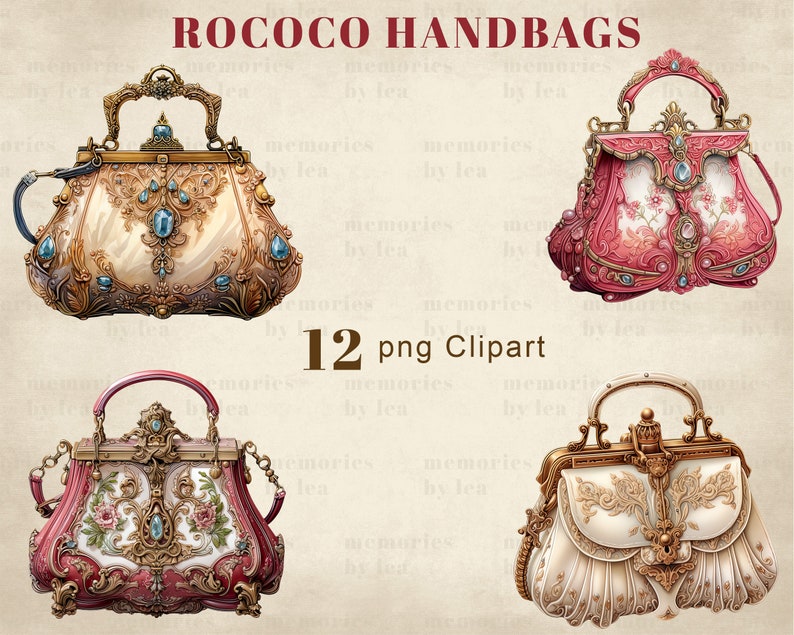 Puede incluir: Cuatro bolsos de estilo vintage adornados con intrincados detalles dorados y acentos de joyas. Los bolsos son de varios colores, incluyendo rosa, blanco y dorado. La imagen incluye el texto "ROCOCO HANDBAGS" y "12 png Clipart".