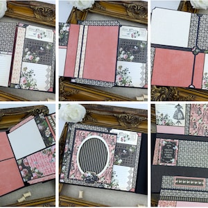 Op de afbeelding: Een zwart scrapbook met een roze en bloemmotief. Het scrapbook is open om verschillende pagina's met verschillende patronen en ontwerpen te laten zien. Het scrapbook is versierd met verschillende versieringen, waaronder bloemen, linten en kant.
