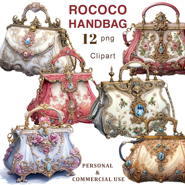 Vintage Rococo Handbags Clipart, Antique Handbag PNG Clipart, Vintage Handbag Graphics for Junk Journal, Scrapbooking, Ephemera, Sublimation