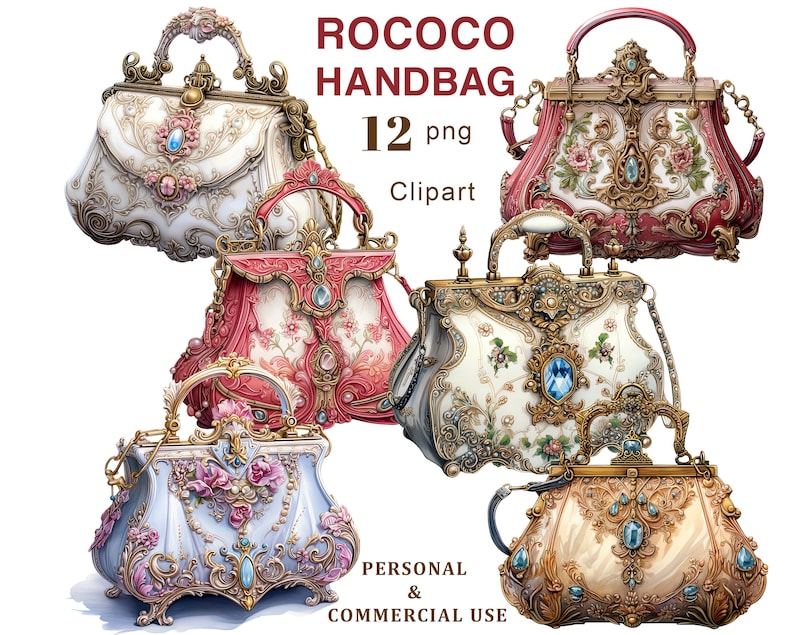 Puede incluir: Doce ilustraciones digitales de bolsos de estilo vintage adornados, en varios colores, incluyendo blanco, rosa, rojo y dorado. Los bolsos presentan detalles intrincados, como patrones florales, joyas y asas ornamentadas. El texto "ROCOCO HANDBAG 12 png Clipart" se muestra sobre los bolsos.