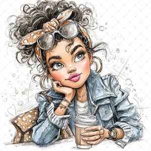 May include: A watercolour illustration of a woman with curly hair, wearing a denim jacket, sunglasses, and a patterned headband. She holds a coffee cup, resting her chin on her hand, with a dreamy expression. A polka-dot bag is visible.