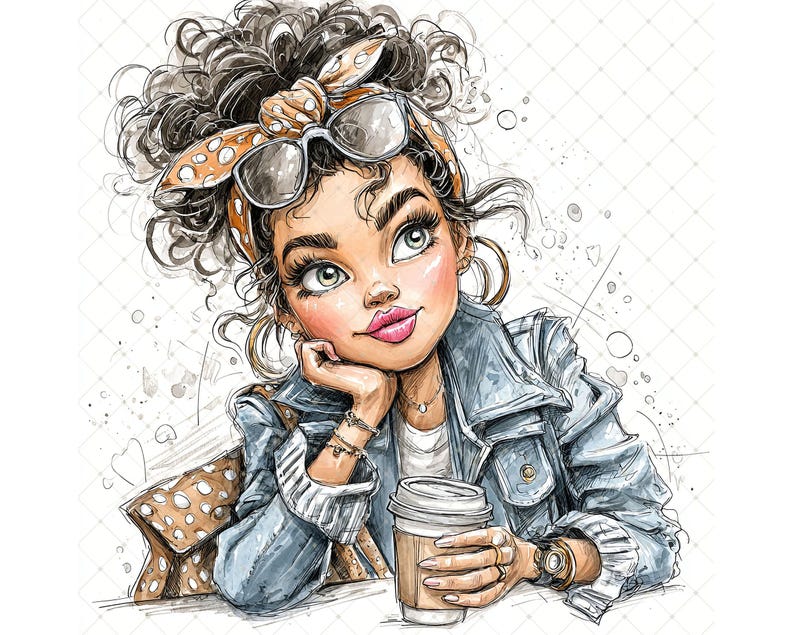 May include: A watercolour illustration of a woman with curly hair, wearing a denim jacket, sunglasses, and a patterned headband. She holds a coffee cup, resting her chin on her hand, with a dreamy expression. A polka-dot bag is visible.