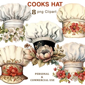 以下が含まれることがあります： 花柄の装飾が施されたシェフハットのウォーターカラーイラストが8点。ハットは白で、リボン、レース、花など、さまざまな装飾的なディテールが施されています。花は赤、ピンク、白の色合いです。