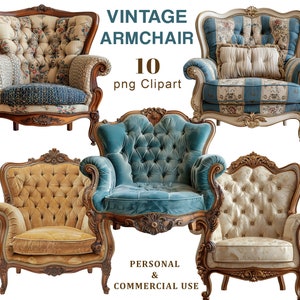 Könnte beinhalten: Satz von vier Vintage-Sesseln mit verzierten Holzrahmen und verschiedenen gemusterten Polstern. Die Sessel sind in verschiedenen Farben, darunter Blau, Grün und Beige. Die Sessel sind vor einem weißen Hintergrund isoliert.  Vintage-Sessel 10 png Clipart. Persönliche und kommerzielle Nutzung.