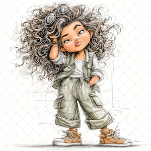 May include: A cartoon illustration of a character with curly hair, wearing sunglasses, a white shirt, a vest, cargo trousers, and trainers. The character is posed with one hand on their head and the other in their pocket, with a confident expression.