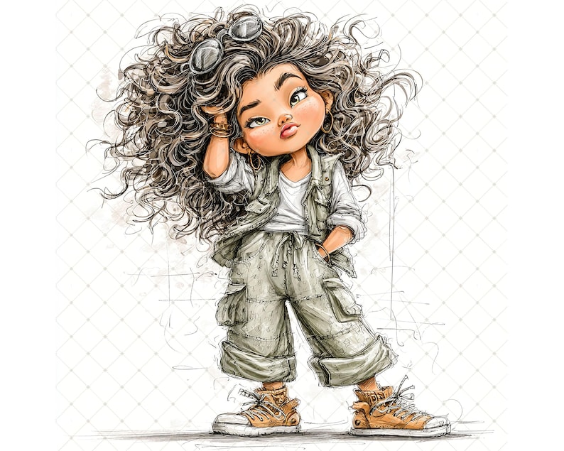 May include: A cartoon illustration of a character with curly hair, wearing sunglasses, a white shirt, a vest, cargo trousers, and trainers. The character is posed with one hand on their head and the other in their pocket, with a confident expression.