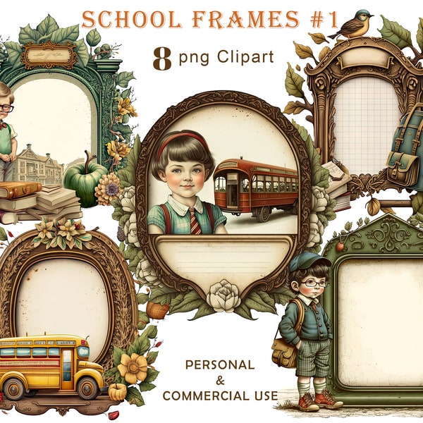 School Frames #1 Clipart, Back to School Graphic for Scrapbook, Junk Journal, PNG Art for Sublimation, Children In School, Commercial use